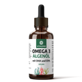 Braune Glasflasche Vitalove Omega 3 Algenöl vegan mit DHA und EPA, Tropfer, Etikett mit Algen