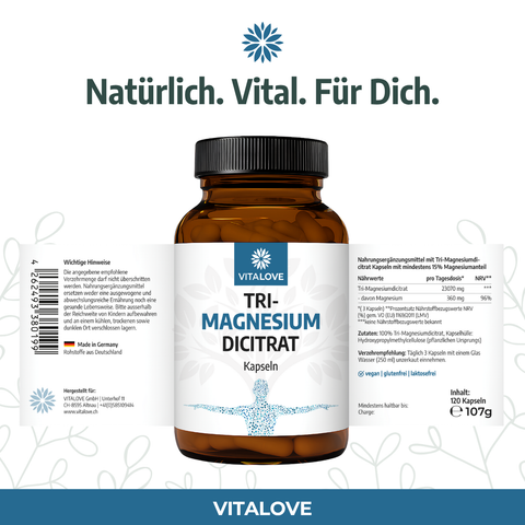 Tri-Magnesium-Dicitrat - 360mg elementares Magnesium - 120 Kapseln