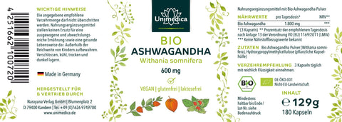 Bio Ashwagandha Kapseln - 1.800 mg pro Tagesdosis - 180 Kapseln - hochdosiert