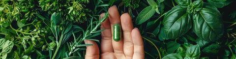 Hand hält grüne Kapsel zwischen frischen Kräutern und Basilikum, Nahrungsergänzung