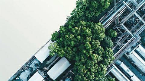 Luftaufnahme einer Fabrik mit grünen Bäumen für nachhaltige Industrie und Umweltschutz
