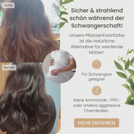 Vorher-Nachher-Bild von Haaren mit Pflanzenhaarfarbe, Text für Schwangerschaft, natürliche Pflege