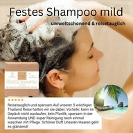 Frau wäscht Haare mit festem Shampoo mild, plastikfrei, umweltschonend, reisetauglich.