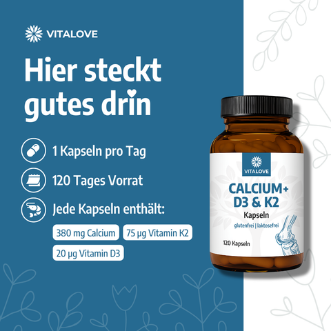 Natürliches Calcium + D3 & K2 - 120 Kapseln
