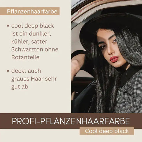 Frau mit langem, glänzend schwarzem Haar, pflanzliche Haarfarbe Cool Deep Black beworben