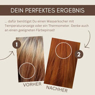 Vorher-Nachher Vergleich blondes zu rot gefärbtem Haar, Anleitung Text auf Deutsch
