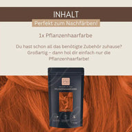 Pflanzenhaarfarbe Packung vor roten Haaren, perfekte Pflanzenhaarfarbe zum Nachfärben, Produktabbildung