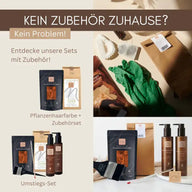 Pflanzenhaarfarbe Set mit Zubehör, Pinsel, Handschuhen und Flaschen, Produktpräsentation