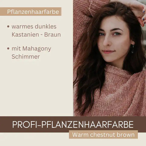 Frau mit langen, kastanienbraunen Haaren, Text zu Pflanzenhaarfarbe, Profi-Haarfarbe, Mahagony Schimmer