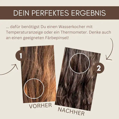 Vorher-nachher Vergleich von gefärbtem Haar, braunes Haar vor und nach Coloration.