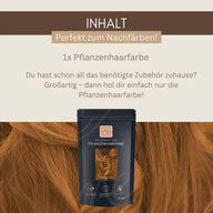 Pflanzenhaarfarbe Packung auf roten Haaren, Nachfärben Hinweis, natürlicher Haarfarbe