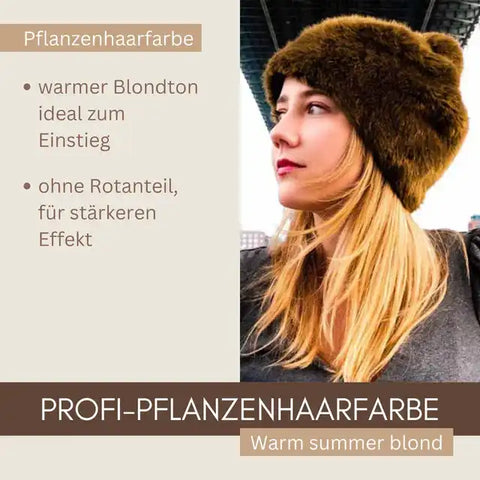 Frau mit warm blond gefärbtem Haar und brauner Fellmütze, Text zu Pflanzenhaarfarbe.