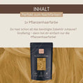 Pflanzenhaarfarbe Packung vor blondem Haar, Text: Inhalt, perfekt zum Nachfärben