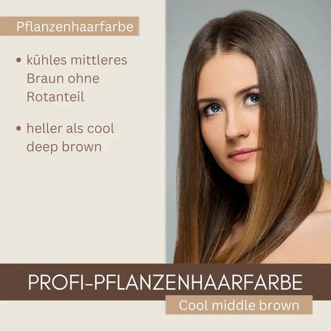 Frau mit glattem, mittlerem braunem Haar, pflanzliche Haarfarbe, cool middle brown