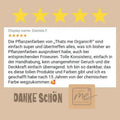 Kundenbewertung mit fünf Sternen für Thats me Organic Pflanzenhaarfarbe, Text, Logo und Danke Schön