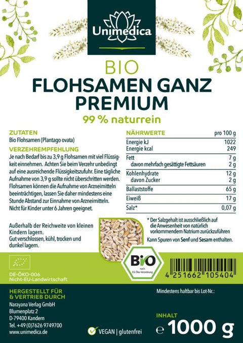 Bio Flohsamen ganz - Indische Flohsamen - 99 % naturrein - Premiumqualität - 1000 g