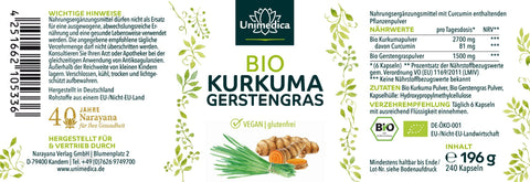 Bio Kurkuma - mit Bio Gerstengras aus Deutschland - 240 Kapseln