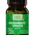 Braunes Glas mit grünem Etikett, Vitanur Bio Bockshornklee-Sprossen Kapseln, vegan