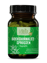 Braunes Glas mit grünem Etikett, Vitanur Bio Bockshornklee-Sprossen Kapseln, vegan