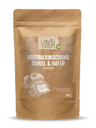 Bio Brotbackmischung Dinkel Hafer gekeimt 500g im braunen Vitanur Beutel mit Brotscheiben-Illustration
