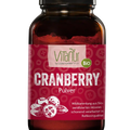 Vitanur Bio Cranberry Pulver 100g im braunen Glas mit rotem Etikett und Cranberry-Illustration