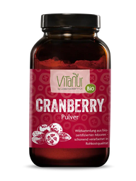 Vitanur Bio Cranberry Pulver 100g im braunen Glas mit rotem Etikett und Cranberry-Illustration