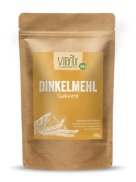 Vitanur Bio Dinkelmehl gekeimt 500g Packung aus braunem Papier mit goldgelbem Etikett