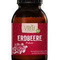 Vitanur Bio Erdbeere Pulver 150g in braunem Glas, rote Etikette, Erdbeerzeichnung