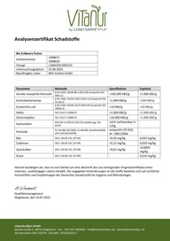 Analysenzertifikat Schadstoffe für Bio Erdbeere Pulver von Vitalur, Laborbericht mit Prüfergebnissen