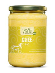 Vitanur Bio Ghee Kuh 500g Glas mit gelbem Etikett und Kuh-Illustration, geklärte Butter
