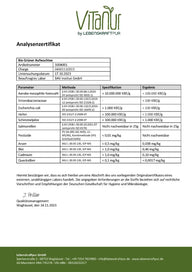 Analysenzertifikat für Bio Grüner Aufwachtee mit Laborergebnissen und Lebenskraftpur Logo