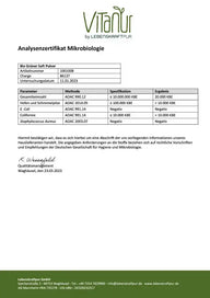 Analysenzertifikat Mikrobiologie für Bio Grüner Saft Pulver mit Ergebnistabelle, Vitanur Logo
