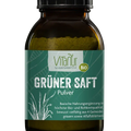 Braunes Glas mit Vitanur Bio Grüner Saft Pulver, grünes Etikett, Superfood, Nahrungsergänzung