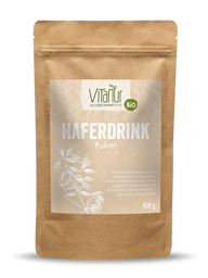 Bio Haferdrink Pulver 400g Vitanur Verpackung, brauner Beutel mit Hafermotiv und Label
