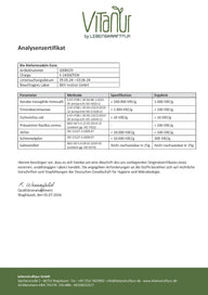 Analysenzertifikat für Bio Kiefernnadeln Ganz von Lebenskraftpur mit Prüfdaten und Laborergebnissen