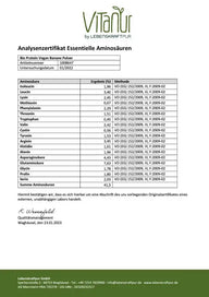 Analysezertifikat essentielle Aminosäuren Bio Protein Vegan Banane Pulver von VitaNur, Tabelle mit Aminosäuren und Werten, Laborzertifikat
