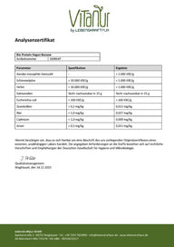 Analysenzertifikat für Bio Protein Vegan Banane von Vitanu, Schadstoff- und Keimwerte aufgeführt