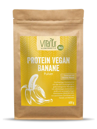 Vitanur Bio Protein Vegan Banane Pulver 600g Beutel, gelbes Etikett, Bananen-Illustration