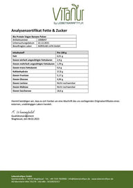Analysezertifikat Fette und Zucker für Bio Protein Vegan Banane Pulver von Vitanur, Laborbericht mit Nährwerttabelle.
