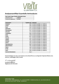 Analysezertifikat Bio Protein Vegan Dunkle Schokolade Pulver, essentielle Aminosäuren Tabelle.