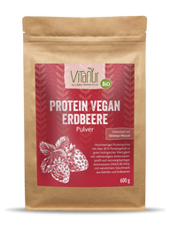 Vegan Protein Erdbeere Pulver 600g von Vitanur in brauner Verpackung mit Erdbeer-Illustration