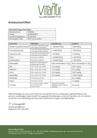 Analysezertifikat für Bio Protein Vegan Plus Pulver von VITANUR mit Labordaten und Ergebnissen