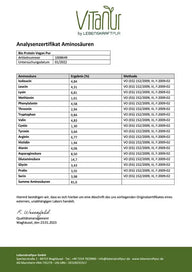 Analysezertifikat Bio Protein Vegan Pur Aminosäurenprofil Tabelle Vitanur LebensKraftPur