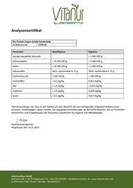 Analysenzertifikat für Bio Protein Vegan dunkle Schokolade mit Schadstoff- und Keimtabellen, Vitanu Logo