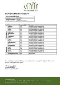 Analysezertifikat Aminosäuren für Bio Protein Vegan Plus Pulver von VITANUR, Tabelle mit Ergebnissen und Laborangaben.