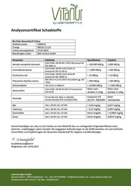Analysezertifikat Schadstoffe für Bio Rote Beerenkraft Pulver mit Laborwerten und Logo VITANUR