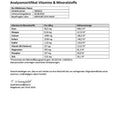 Analysezertifikat für Bio Wildkräuter Pulver Vitamine und Mineralstoffe, Tabelle mit Nährwerten.