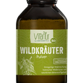 Braunes Glas mit Vitanur Bio Wildkräuter Pulver, grünes Etikett mit Pflanzenmotiv