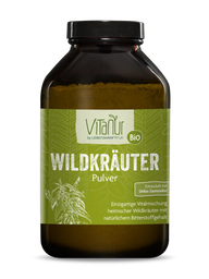 Braunes Glas mit Vitanur Bio Wildkräuter Pulver, grünes Etikett mit Pflanzenmotiv