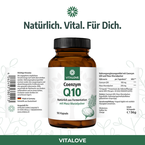 VITALOVE Coenzym Q10 Kapseln mit Maca Wurzelpulver, Braunglas Flasche, 90 Stück, Produktetikett